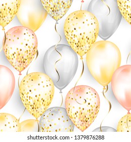 Seamless pattern made of shiny realistic 3D helium balloons for your design. Glossy balloons with glitter and ribbon, perfect decoration for birthday party brochures, invitation card or baby shower.