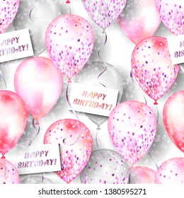 Seamless pattern made of shiny realistic 3D helium balloons for your design. Glossy balloons with glitter and ribbon, perfect decoration for birthday party brochures, invitation card or baby shower.