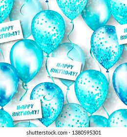 Seamless pattern made of shiny realistic 3D helium balloons for your design. Glossy balloons with glitter and ribbon, perfect decoration for birthday party brochures, invitation card or baby shower.
