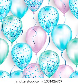 Seamless pattern made of shiny realistic 3D helium balloons for your design. Glossy balloons with glitter and ribbon, perfect decoration for birthday party brochures, invitation card or baby shower.