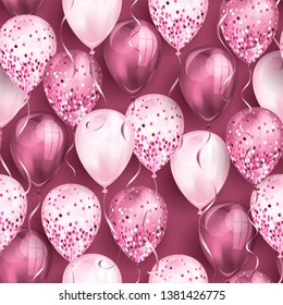 Seamless pattern made of shiny realistic 3D helium balloons for your design. Glossy balloons with glitter and ribbon, perfect decoration for birthday party brochures, invitation card or baby shower.