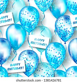 Seamless pattern made of shiny realistic 3D helium balloons for your design. Glossy balloons with glitter and ribbon, perfect decoration for birthday party brochures, invitation card or baby shower.