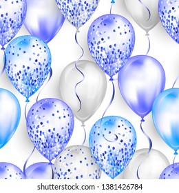 Seamless pattern made of shiny realistic 3D helium balloons for your design. Glossy balloons with glitter and ribbon, perfect decoration for birthday party brochures, invitation card or baby shower.