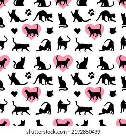 Seamless pattern made up of silhouettes of cats as wallpaper, cover or background. Endless pattern of lovely kittens for printing on package, cloth, wrappers, envelopes, cards, clothes or accessories.