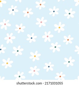 Seamless pattern made with simple daisy flowers. Naive Scandinavian botanical print.