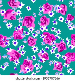 Seamless pattern made of small field daisies and roses buds. Flat cut out paper style. Floral collage. Summer botanical background in modern manner. Nature motif for textile and fabric texture.