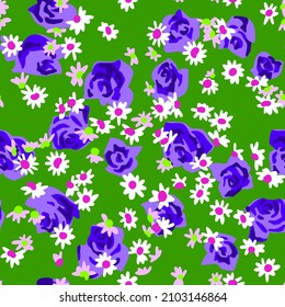 Seamless pattern made of small field daisies and roses buds. Flat cut out paper style. Floral collage. Summer botanical background in modern manner. Nature motif for textile and fabric texture.