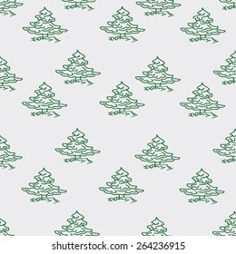 Seamless pattern made of small fir-trees and grass on a gray background