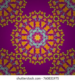 Seamless pattern made of small squares on the background. Vector illustration. Mosaic, embroidery, wallpaper, kaleidoscope, mandala. Vector pixel oriental mandala in yellow, purple and green colors.