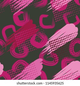 A seamless pattern made up of stained-out paintings, greasy streaks and a background of round and quadrangular strokes.