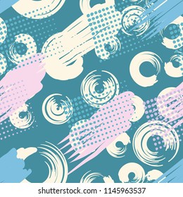 A seamless pattern made up of stained-out paintings, greasy streaks and a background of round brush strokes.