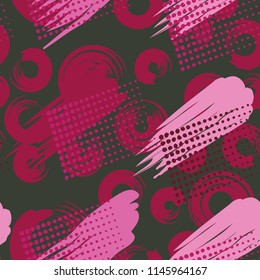 A seamless pattern made up of stained-out paintings, greasy streaks and a background of round brush strokes.