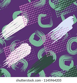 A seamless pattern made up of stained-out paintings, greasy streaks and a background of round and quadrangular strokes.