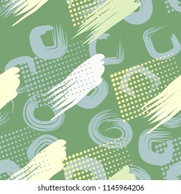 A seamless pattern made up of stained-out paintings, greasy streaks and a background of round and quadrangular strokes.