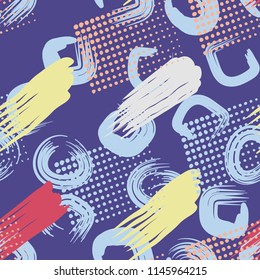 A seamless pattern made up of stained-out paintings, greasy streaks and a background of round and quadrangular strokes.