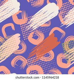 A seamless pattern made up of stained-out paintings, greasy streaks and a background of round and quadrangular strokes.