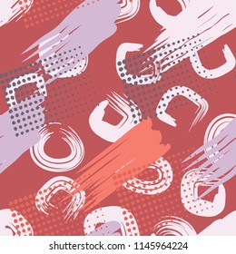A seamless pattern made up of stained-out paintings, greasy streaks and a background of round and quadrangular strokes.