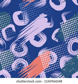 A seamless pattern made up of stained-out paintings, greasy streaks and a background of round and quadrangular strokes.
