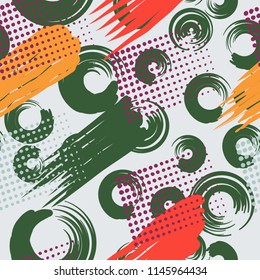 A seamless pattern made up of stained-out paintings, greasy streaks and a background of round brush strokes.