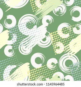 A seamless pattern made up of stained-out paintings, greasy streaks and a background of round brush strokes.