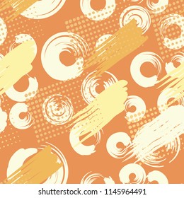 A seamless pattern made up of stained-out paintings, greasy streaks and a background of round brush strokes.