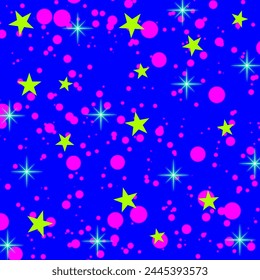 Seamless pattern made up of Stars, bubbles and glitters on blue background. Can be used as background, gift wrap, wallpaper and surface decoration.