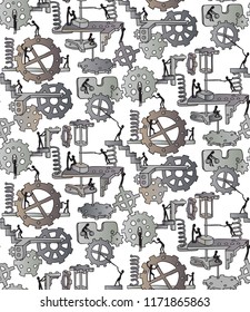 Seamless pattern made of steel and metallic gears on white background. Creative steampunk mechanical background. Vector illustration.