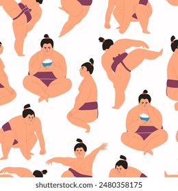 Seamless pattern made with sumo wrestler character in variety poses and emotions. Sport person, workout, fight, eating, dancing.