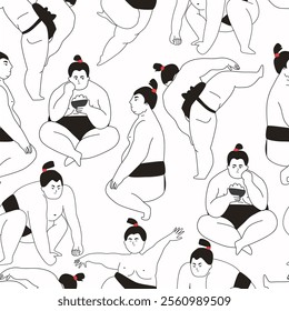 Seamless pattern made with sumo wrestler character in variety poses and emotions. Sport person, workout, fight, eating, dancing.