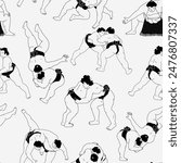 A seamless pattern made with sumo wrestlers in minimal art style. Traditional japanese sport.