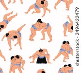 A seamless pattern made with sumo wrestlers in minimal art style. Traditional japanese sport.