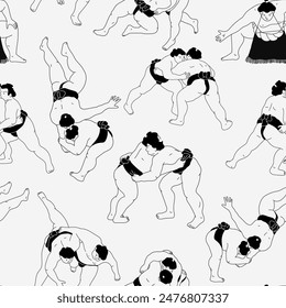 A seamless pattern made with sumo wrestlers in minimal art style. Traditional japanese sport.