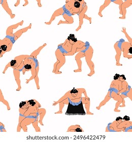 A seamless pattern made with sumo wrestlers in minimal art style. Traditional japanese sport.