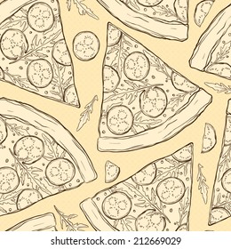 Seamless pattern made of tasty eggplant pizza slices.