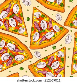 Seamless pattern made of tasty mushroom pizza slices.
