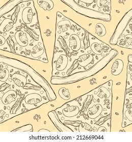 Seamless pattern made of tasty mushroom pizza slices.