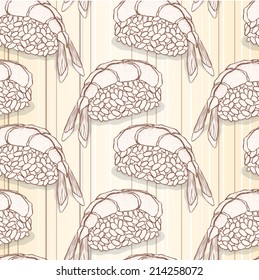 Seamless pattern made of tasty nigiri sushi with prawns.