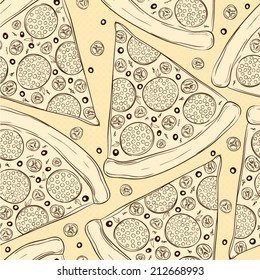 Seamless pattern made of tasty pizza salami slices.