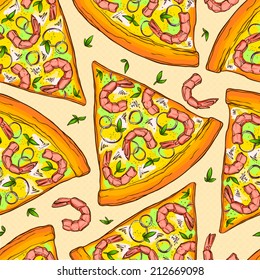 Seamless pattern made of tasty prawn pizza slices.