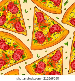 Seamless pattern made of tasty tomato pizza slices.