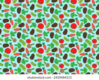 Seamless pattern made of tomato, cucumber, potato, broccoli, carrot. Blue background (backdrop). Food. Vector illustration. 