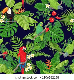 Seamless pattern made with tropical birds, leaves and flowers on dark background. Colorful parrots and toucan sitting on branches. Tropic rainforest foliage texture.  Vector flat illustration.