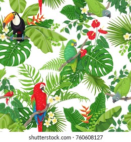 Seamless pattern made with tropical birds, leaves and flowers on white background. Colorful parrots and toucan sitting on branches. Tropic rainforest foliage texture.  Vector flat illustration.