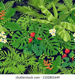 Seamless pattern made with tropical leaves and flowers on dark background. Bunches of green exotic plants and palm fronds. Rainforest foliage texture.  Vector flat illustration.