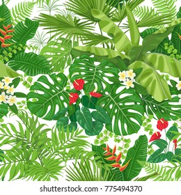 Seamless pattern made with tropical leaves and flowers on white background. Bunches of green exotic plants and palm fronds. Rainforest foliage texture.  Vector flat illustration.