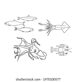 Seamless pattern made with underwater plants and animals. Hand drawn doodle monochrome starfish, shells, squid, fish, sea horse and algae. Vector sketch.