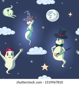 Seamless pattern made of various cute cartoon ghosts among the clouds in moonlit night. Halloween theme. Endless texture for design. Vector illustration. For kids products.