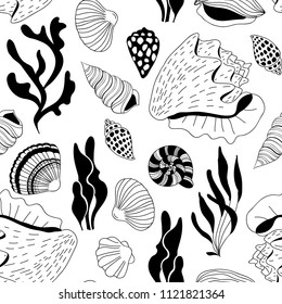 Seamless pattern made of various sea shells and sea weed drawn in doodle style.