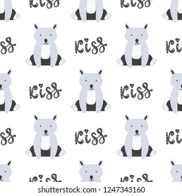 Seamless pattern made in vector. Seamless background. Cute bear and kiss lettering. Romantic pattern