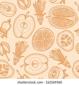 Seamless pattern made of vintage graphically drawing different fruits vector. Can be used for wallpapers, pattern fills, web page backgrounds, surface textures.